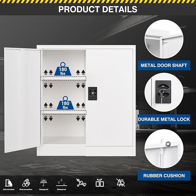 Metal Storage Cabinet-36” Tall Steel File Cabinets with Lockable Doors and Adjustable Shelves-White Steel Storage Cabinet for Home Office, School, Garag