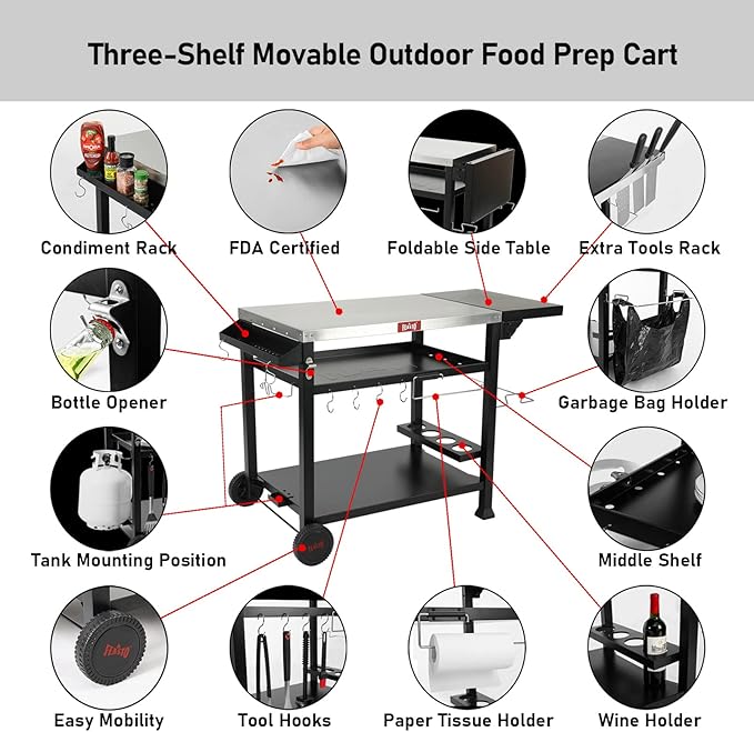 Outdoor Grill Cart, Pizza Oven Table Stand for Outdoor Indoor, 50" x 22" Stainless Steel Tabletop Dining BBQ Grill with Wheels for Food Prep, 3-Shelf Kitchen Cart Table