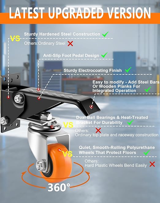 Caster Wheels, 2.5 Inch Workbench Casters Set of 8 Heavy Duty - 600 Lbs Capacity Retractable Swivel Castors with No Noise Polyurethane Wheels, Easy to Install for Tables Legs, Work Bench & Tool Carts