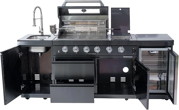 85 Inches 4-Burner 72,000 BTU Deluxe Stainless Steel Propane Gas Grill Outdoor Kitchen Island,Sink,Beverage Refrigerator Storage & Rotisserie Kit for Patio Backyard Cooking,Black