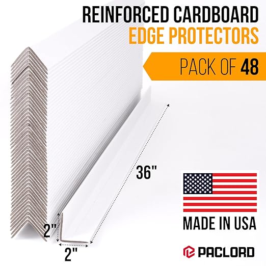 36" x 2" x 2" Reinforced Cardboard Edge Protectors, White (Pack of 48) – 0.16" Thick Heavy-Duty Cardboard Corner Protectors for Shipping – American Quality V-Board Pallet Edge Protectors