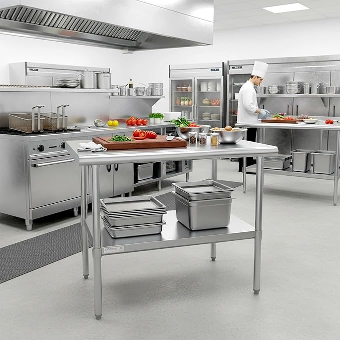 STABLEINK NSF Stainless Steel Prep Table, 30 x 48 Inches 4ft Metal Workbench with Adjustable Lower Undershelf, for Commercial Kitchen, Restaurant, Hotel, Laundry and Garage