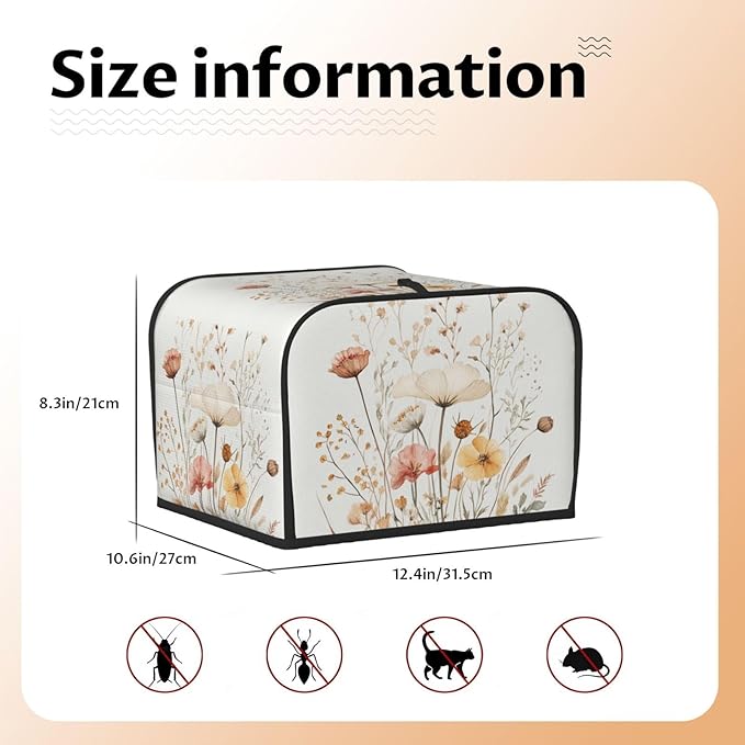 4 Slice Toaster Cover for Kitchen Watercolor Flower Botanical Waterproof and Dustproof Toaster Dust Cover with Side Pockets Decorative Universal Cover for Wide Slot Toasters and Small Appliances
