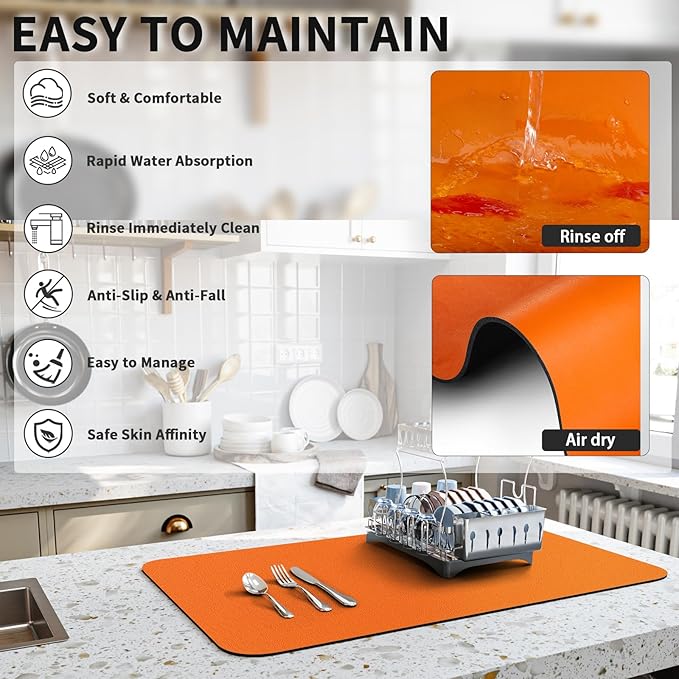 Dish Drying Mat for Kitchen Counter, Heat Resistant Drainer Mats with Non-slip Rubber Backed, Hide Stain Kitchen Super Absorbent Draining Mat, Easy to Clean Dish Rack Pad, Orange 18"x24"