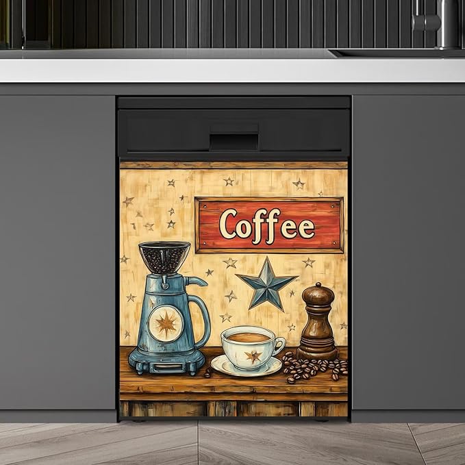 Vintage Coffee Dishwasher Magnet Cover,Retro Coffee Maker Magnetic Dishwasher Cover Vinyl Sticker,Coffee Bean Fridge Door Cover Magnets Art Skin Panel Decal,Home Decor Decal,23"X26"
