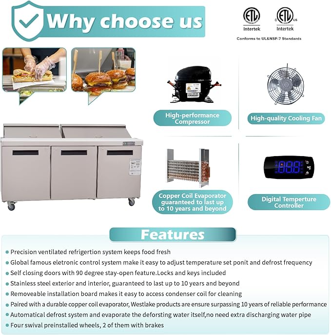 WESTLAKE 72" W 3 Door Refrigerator Sandwich & Salad Prep Table Commercial Mega Top Refrigerator Stainless Steel Counter Fan Cooling with 30 pans for Restaurant, Bar