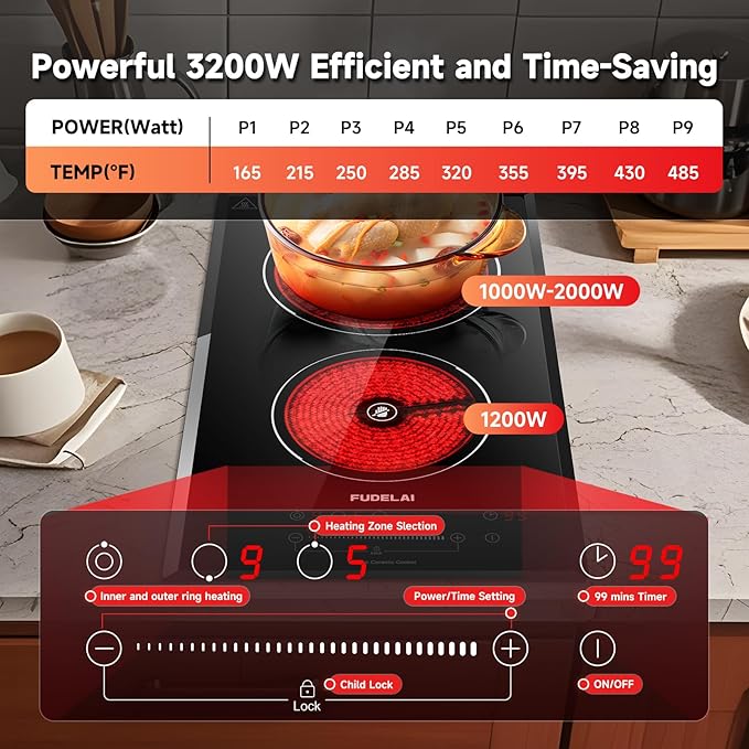 2-Burner Electric Cooktop, 3200W 240V Ceramic Hot Plate with 9 Power Levels,Touch Control,Auto Safety Lock,Timer,UL Certified Plug, For Built-in/Countertop Use/RV Camping