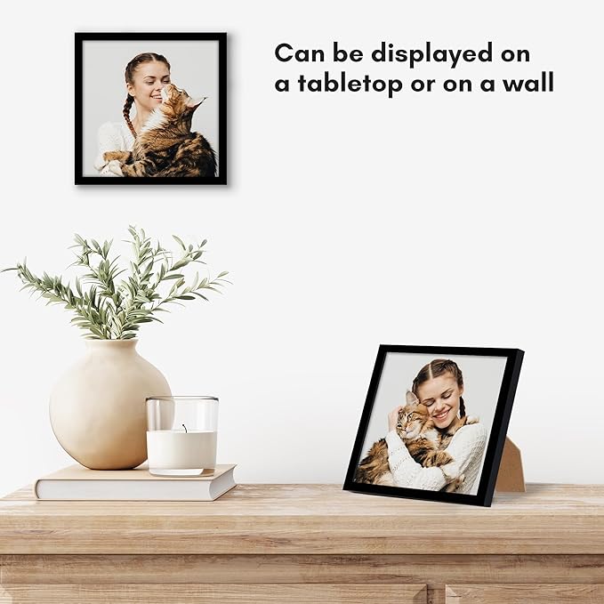 Americanflat 6x6 Picture Frame with Shatter-Resistant Glass - Streamline Collection - Thin Border Square Frame for Tabletop and Wall Display - Hanging Hardware and Easel Stand Included - Black