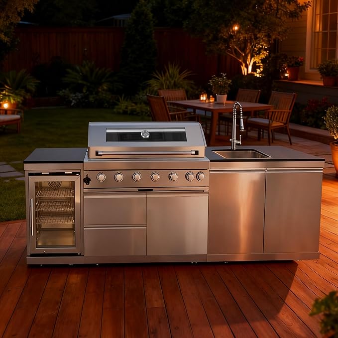 96'' 6-Burner 85000 BTU Deluxe Stainless Steel Natural Gas Outdoor Kitchen Island with Grill, Wine Cooler Compact Refrigerator, Rotisserie Kit, Granite Countertops, Stainless Steel Sink, Silver