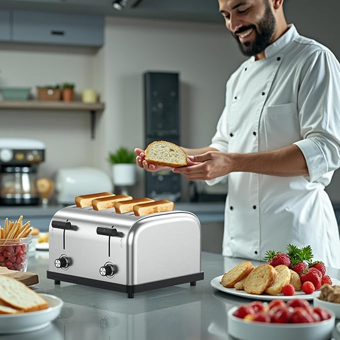 1800W Commercial Grade 4-Slice Pop Up Toaster -Stainless Steel 6-Browning Settings for Bread with Removable Crumb Tray for Bagel Bread English Muffins, Waffles (Commercial & Home Use)
