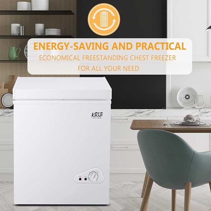 3.5 Cu.Ft Compact Chest Freezer with Removable Basket, Krib Bling Top Door Open Freestanding Deep Freezer with 7 Gears Temperature Adjustment, Ideal for Home, Kitchen & Office, White