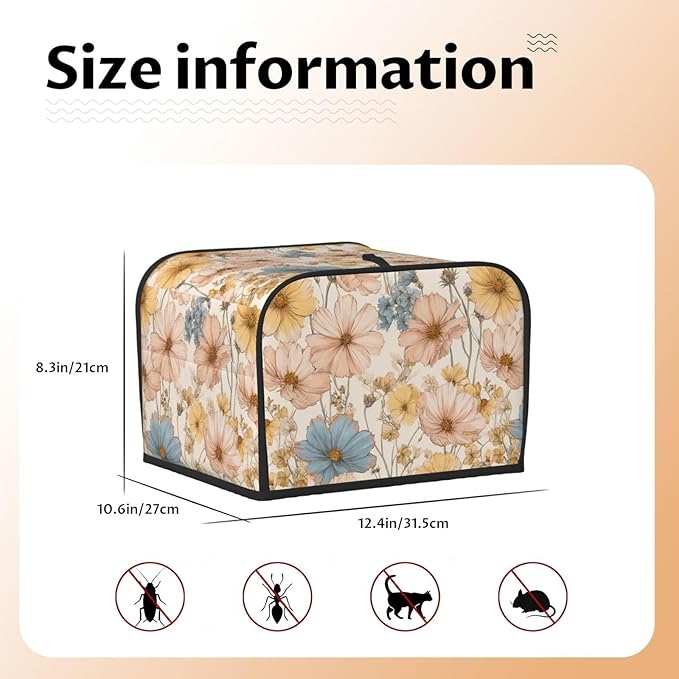4 Slice Toaster Cover for Kitchen Flower Vintage Botanical Waterproof and Dustproof Toaster Dust Cover with Side Pockets Decorative Universal Cover for Wide Slot Toasters and Small Appliances