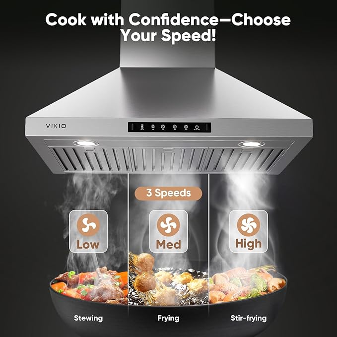 Wall Mount 30 Inch Range Hood 900 CFM,3-speed Gesture Sensing & Touch Control, Ductless/Ducted Convertible Kitchen Hood, Stainless Steel Kitchen Vent Hood with Permanent Baffle Filters
