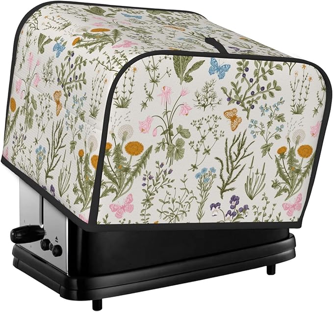 Vintage Flower Wild Herb Floral 4 Slice Toaster Cover, Waterproof Toaster Dust Bread Maker Protective Cover For Small Kitchen Appliance Dining Room Table Home Decor Gifts