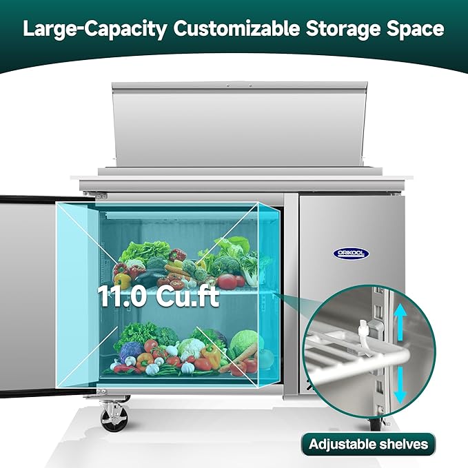 44" Commerical Pizza-Sandwich Prep Table Refrigerator - One Door Stainless Steel Refrigerator, 11 Cu.ft Capacity, Low Noise, Adjustable Shelves, Auto Defrost, Digital Temp Control