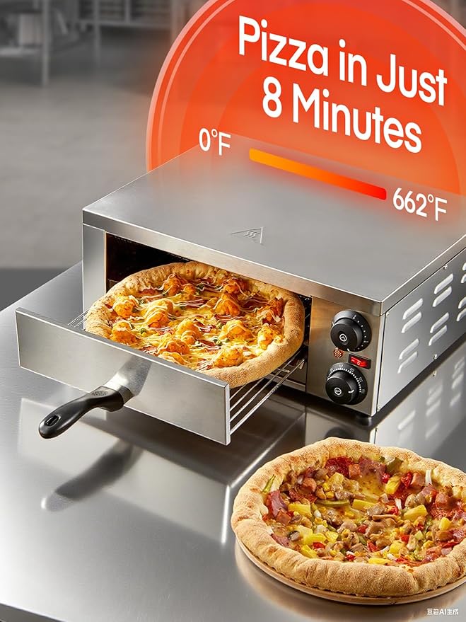 Commercial Pizza Oven, 12 Inch Pizza Oven Indoor with 662°F Max Temp, Electric Pizza Cooker with Alert Timer, 1800W Stainless Steel Pizza-Maker Machine, for Restaurant, Home, Party, Silver