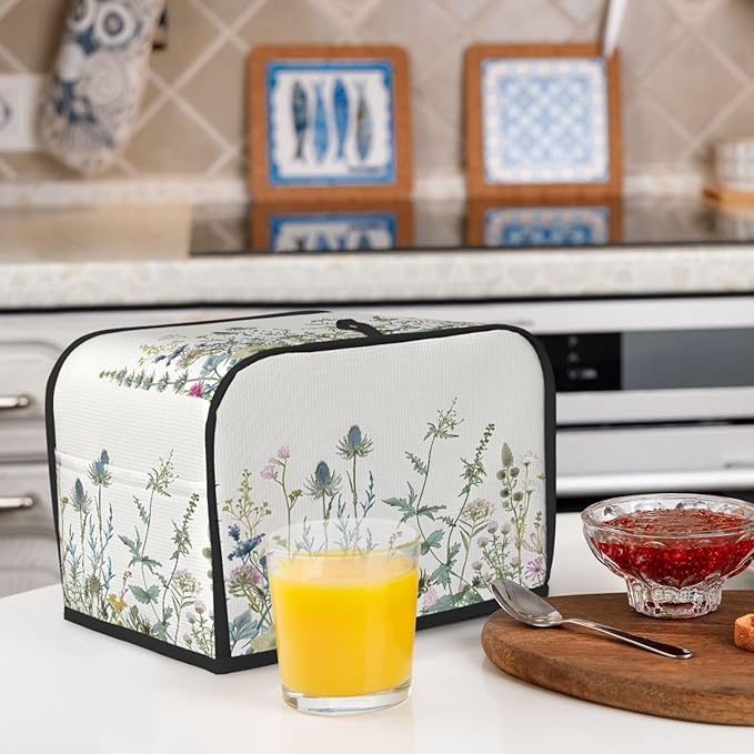 Toaster Cover 2 Slice Wildflowers Leaves Waterproof Appliance Cover with Hang Loop Bread Baker Toaster Cover for Kitchen