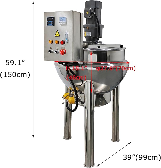 26Gal Vertical Jacketed Kettle Commercial Electric Tilting Stirring Jacketed Kettle with Stirrer Stainless Steel for Chili Sauce Jam Porridge 220V 60HZ 3-Phase 1.1KW