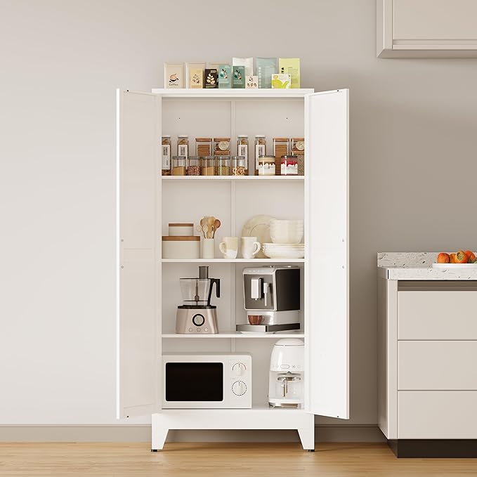 COFaR Metal Storage Cabinet, 61 in Tall Metal Cabinet with 3 Adjustable Shelves and Barn Doors, Farmhouse Cupboard Storage for Kitchen Pantry Garage Laundry, 4-Tier White