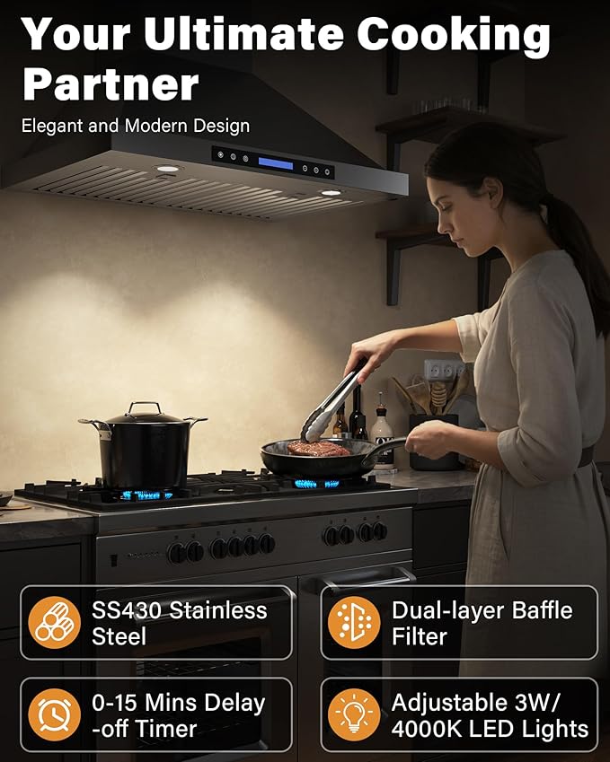 30 inch Stainless Steel Wall Mount Range Hood - 900 CFM, Ultra-Quiet 4-Speed Vent, Touch/Remote Control LCD, LED Lights, Ducted/Ductless Convertible