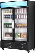 VEVOR Commercial Merchandiser Refrigerator, 36.27 CU.FT Upright Beverage Cooler, 2 Glass Door Display Refrigerator with 8 Adjustable Shelves, Soft LED Light, Customizable Lightbox, Casters, Black