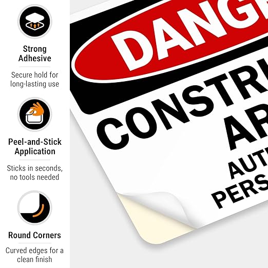 Danger Construction Area Sign, Authorized Personnel Only Sign, 10x7 Inches, 4 Mil Vinyl Decal Stickers Weather Resistant, Made in USA