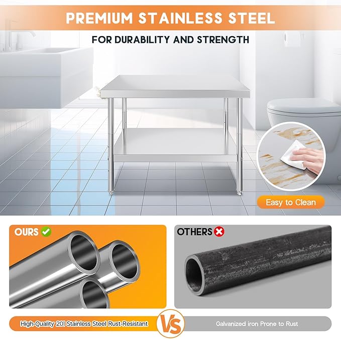 Jocisland 30" x 48" Stainless Steel Table for Prep & Work Adjustable Under Shelf and Feet, for Commercial Kitchen, Restaurant, Hotel, Garage