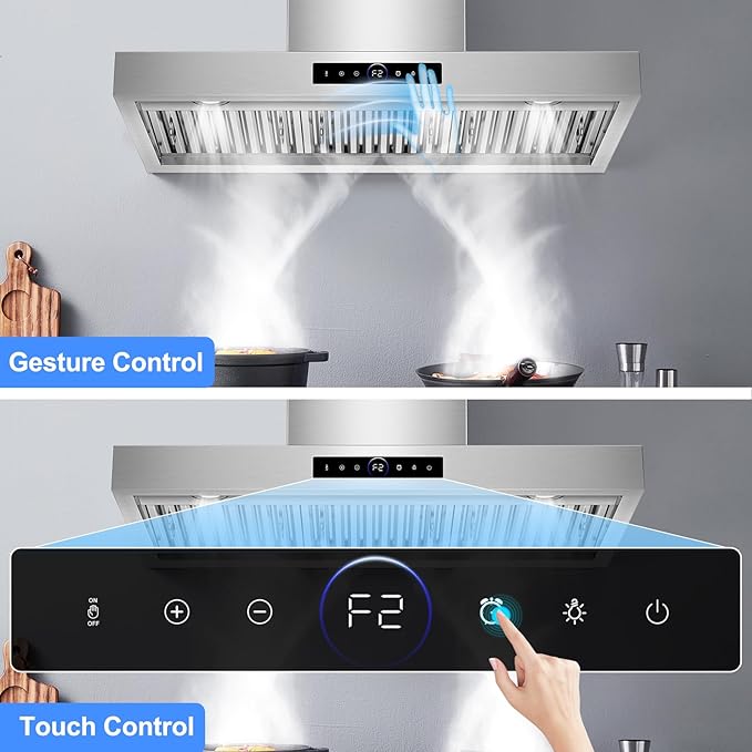 36 inch Range Hood Wall Mount, 1200 CFM with 4-Speed Gesture Sensing & Touch Control, Stainless Steel Kitchen Stove Vent Hoods with 2 LED Lights, Time Setting, Dishwasher-Safe Baffle Filters