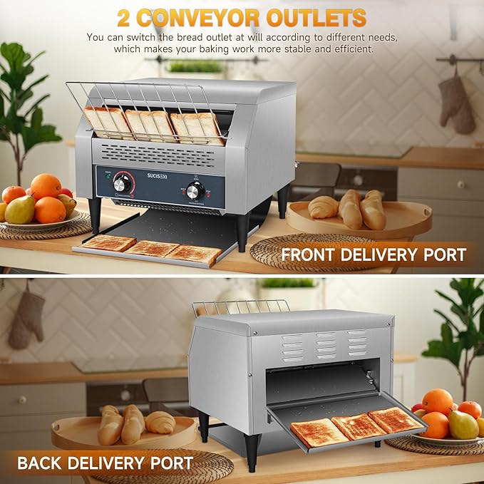 SUCICENI Commercial Conveyor Toaster 450 Slices/Hour Stainless Steel Toaster 2600W Heavy Duty Industrial Toasters Electric Oven with Dual Heating Tube for Bagel Bread Croissant Bakery Restaurant Cafe