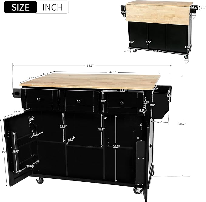 Favfurish Kitchen Island with Drop-Leaf Countertop, Internal Storage Cabinet Racks, Rolling Kitchen Cart on 5 Wheels with Open Shelves and 3 Drawers, Spice Holder, for Dining Room, Black