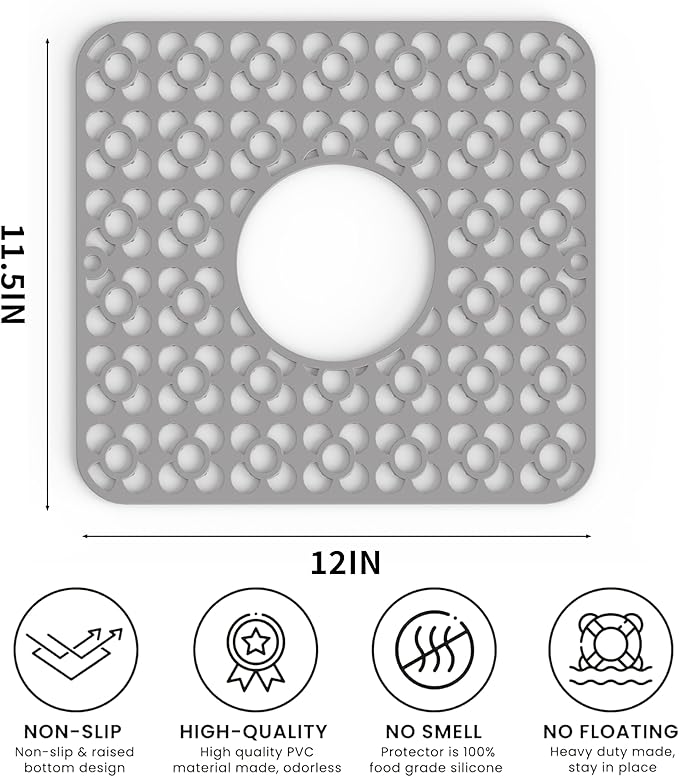 WAFT YEARN 2PCS Sink Mats Sink Protectors Dish Racks Dishwasher Safe Grid Mats for Kitchen Sink Silicone Protect Sink from Stains Damage Scratches Non Slip Heat Resistant Rust Resistant 11"X12" Grey