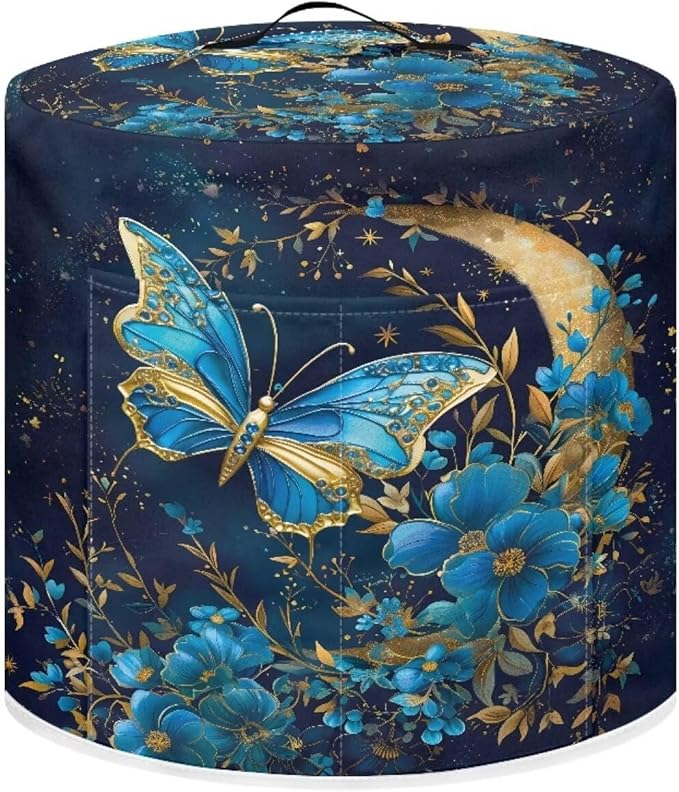 Blue Butterfly Pressure Cooker Cover for Women Dust Protection Insulated Rice Cooker Cover Water Resistant Dust Cover with Pockets for Instant Pot 3 Quart Vintage Appliance Cover for Kitchen