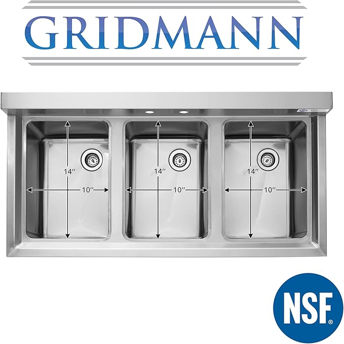 GRIDMANN 3 Compartment Stainless Steel Bar Sink, NSF Commercial Kitchen Underbar Sink with 10" L x 14" W x 10" D Bowls for Restaurant, Laundry, Garage