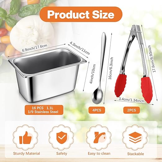 Rtteri 22 Pcs 1/9 Size 4 Inch Deep Stainless Steel Hotel Pans Set: 16 Metal Buffet Steam Table Pans with 2 Tongs & 4 Spoons – Stackable & Anti Jam, Commercial Restaurant Catering Kitchen Food Prep