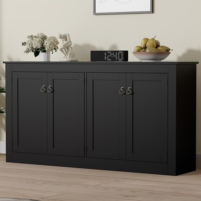 Cozy Castle Buffet Cabinet with Storage - Kitchen Storage Cabinet Wood Console Table Coffee Bar Accent Cabinets for Living Room Dining Room Entryway Black 57.5" W