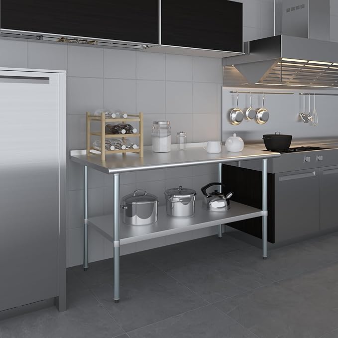 AmGood Stainless Steel Work Table with 1.5" Backsplash | Metal Kitchen Food Prep Table | NSF (60" Long x 30" Deep)