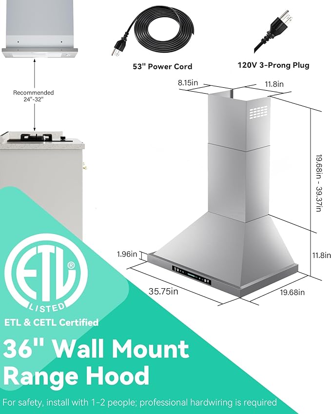 36 inch Stainless Steel Wall Mount Range Hood - 900 CFM, Gesture Control, Ultra-Quiet 4-Speed Vent, LED Lights, Ducted/Ductless Convertible