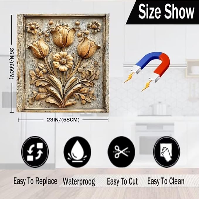 Rustic Wood Farmhouse Scene Floral Magnetic Dishwasher Cover Vinyl Sticker,Vintage Wooden Dishwasher Magnet Cover,Fridge Door Cover Magnets Art Skin Panel Decal for Home Decor, 23"X26"