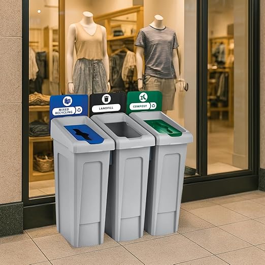 23 Gallon Mixed Recycling Bin with Hinged Lid – Slim Commercial Waste Container for Paper, Plastic, and Cans – Ideal for Offices, Cafeterias, and Schools