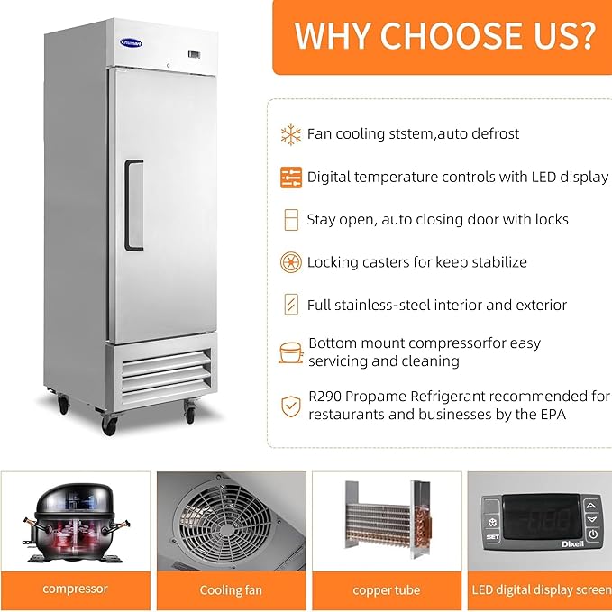 27" W Commercial Refrigerator Single Door 19 Cu.ft Commercial Fridge Fan cooling Stainless Steel Reach-in Refrigerator with Digital Thermostat for Restaurant, Bar, Commercial Use, etc