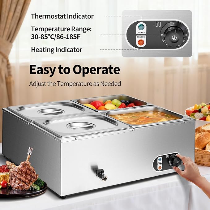 Commercial Food Warmer 48 Qt Stainless Steel Steam Table Countertop Buffet Warmer, 4-Pan 1500W Electric Bain Marie Food Warmer with Adjustable Temperature for Restaurants, Catering, Hotels