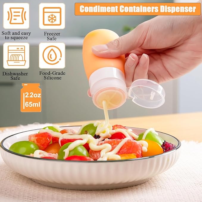16Set Double Compartment Snack Containers with Lids,Snack Pack Containers for Kids & Adults, 4pcs Silicone Condiment Squeeze Bottles,Leakproof Sauces Container, Salad Dressing Container