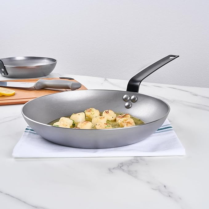Restaurantware Fry Pan 6 Pack of 11 Inches Carbon Steel Non-Stick Searing Pan With Ergonomic Handle Silver For Sauteing and Omelets