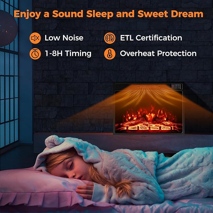 Tangkula 23" Electric Fireplace, 5,000 BTU Fireplace Insert with Remote Control, 3 Flame Colors & Brightness Levels, Recessed Fireplace Heater with 1-8H Timer, Thermostat & Overheat Protection