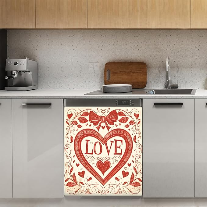 Valentine's Day Bow Love Flower Dishwasher Magnet Cover, Reusable Refrigerator Panel Stickers Microwave Front Door Covers Magnets for Kitchen Home Appliances Holiday Party Decorations 23 X 26 in