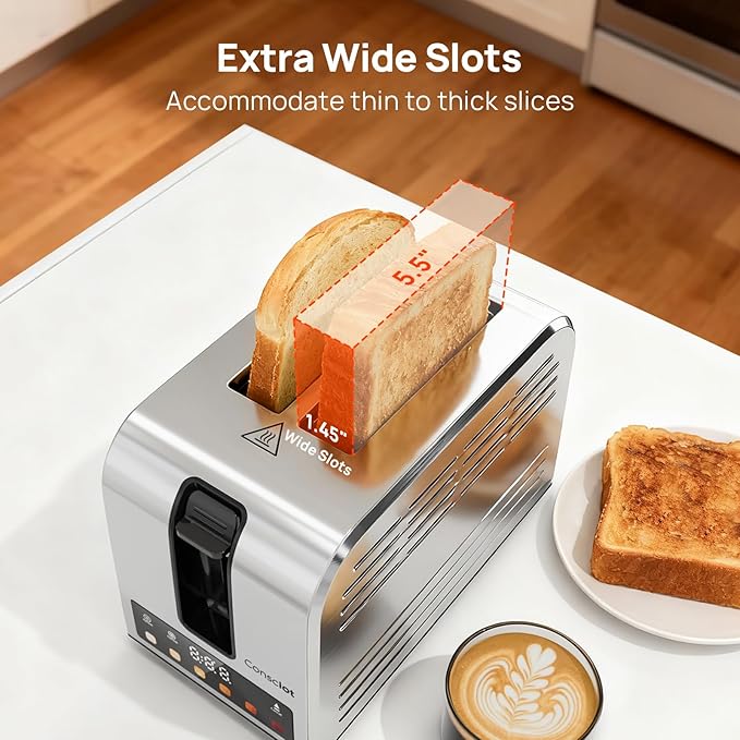 2 Slice Toaster, Consciot Smart Touchscreen Toaster with 6 Browning Levels, Reheat/Defrost/Cancel Functions, Extra-Wide Slots, Removable Crumb Tray, Auto Pop-up & Anti Jam, Peak 925W, Stainless Steel