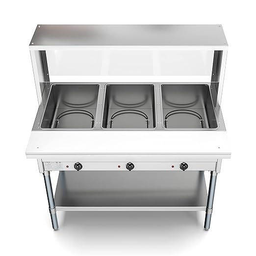 KoolMore 3-Pan Open Well Electric Stainless Steel Steam Table Food Warmer for Buffets with Sneeze Guard, Overshelf, Undershelf, Warming Control Knobs, Front Serving Area [120V] (KM-OWS-3SG), Silver