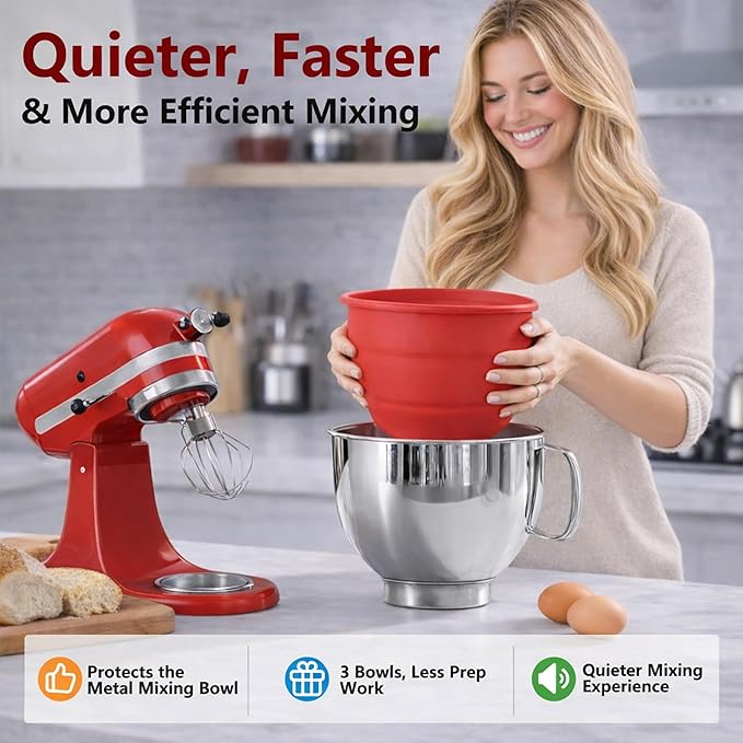 3Pcs Foldable Silicone Bowl Liners for KitchenAid Tilt-Head 5QT Mixer,Mixing Bowls Insert with Lids，Dishwasher-Safe Food-Grade for Stand Mixer Accessories and Attachments(Red,White and Black)