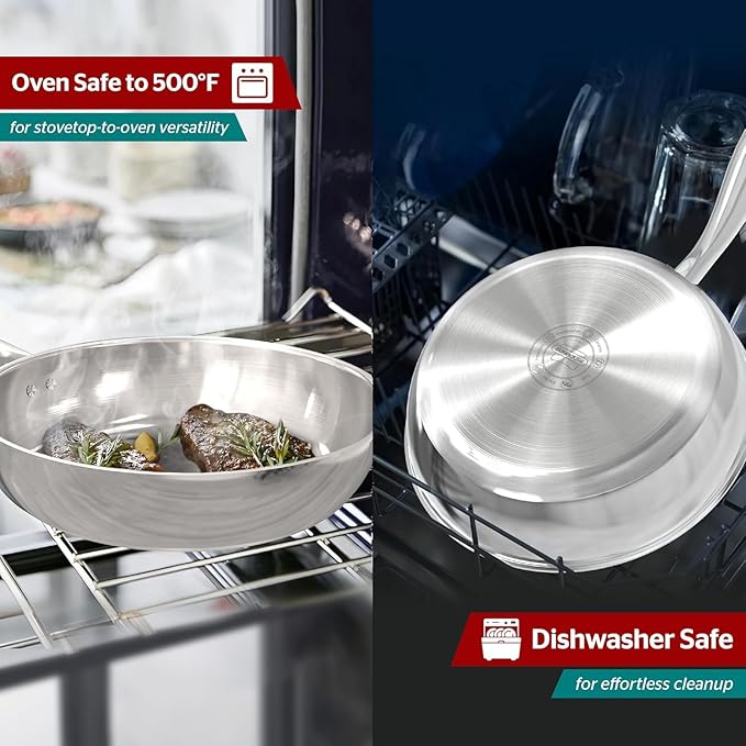 Sunhouse 9.5 Inch Tri-Ply Stainless Steel Frying Pan, Whole-Clad No Coatings Skillet with Stay-cool Handle for Cooking, Durable & Oven Safe to 500°F, Dishwasher Safe, Compatible with All Cooktops