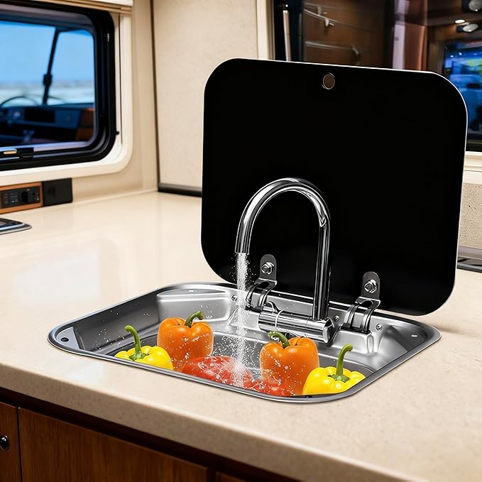 Folding RV Sink & Faucet Combo W/Lid, Bar Kitchen Sink 15 x 17 In Undermount Drop-in Sinks 304 Stainless Steel Single Bowl Workstation Sink Caravan Camper Van Boat Trailer Sink Hand Wash Basin